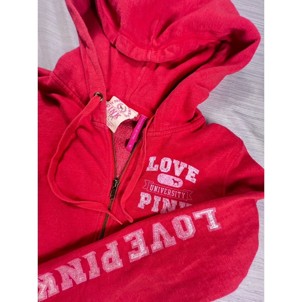 Victoria's Secret PINK Red Full Zip Hoodie Love University Glitter Graphic M